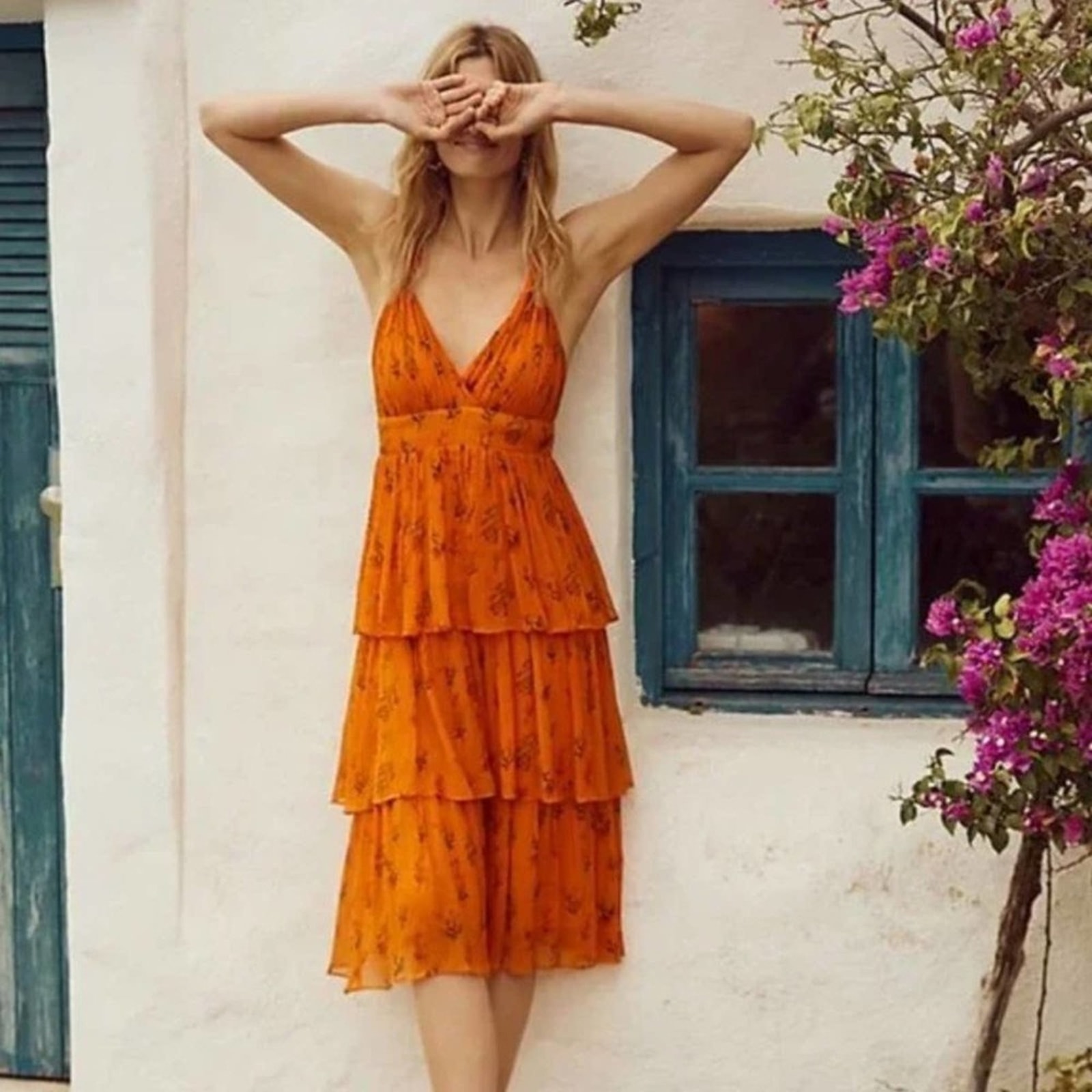 Anthropologie X Guapa Pamela Tiered Halter Midi Dress Orange Sz 2 $228 {Q19}